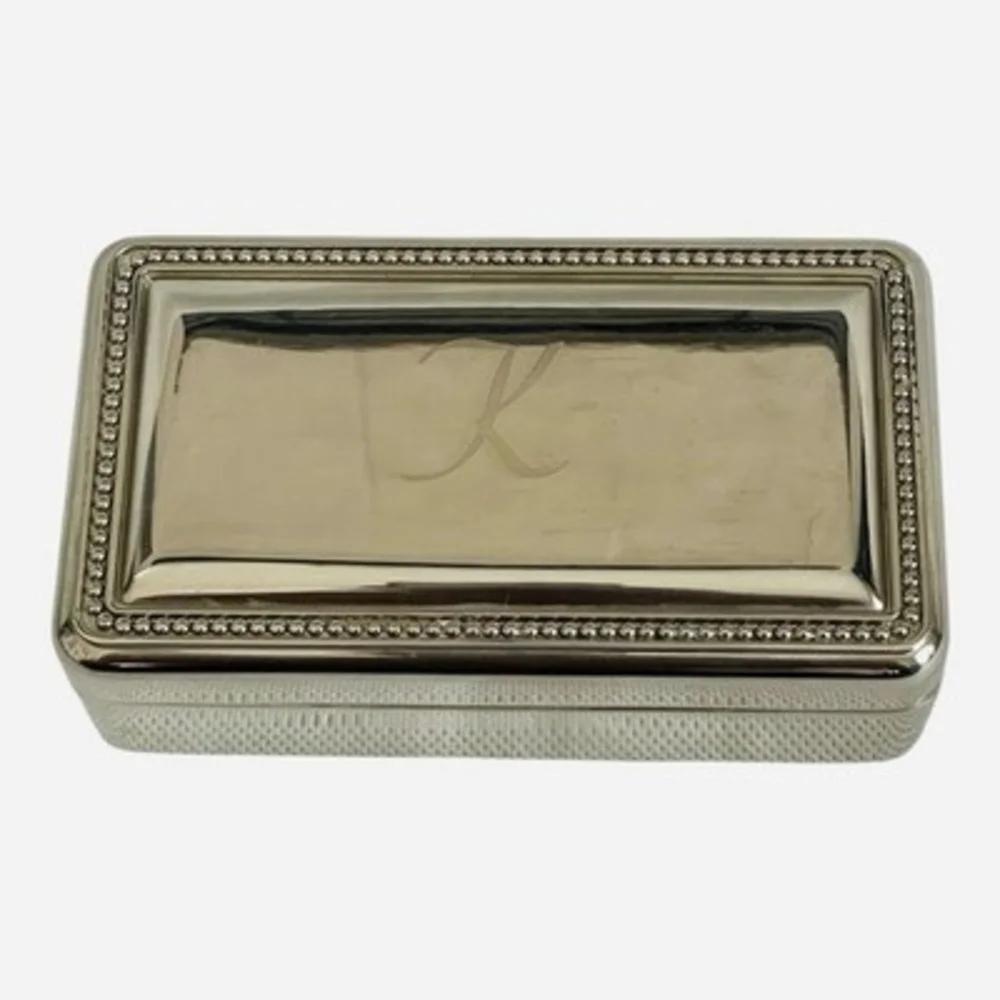 Silver Plated Jewelry Box Monogram K Textured Lid Grey Velvet Mirror Ring Holder